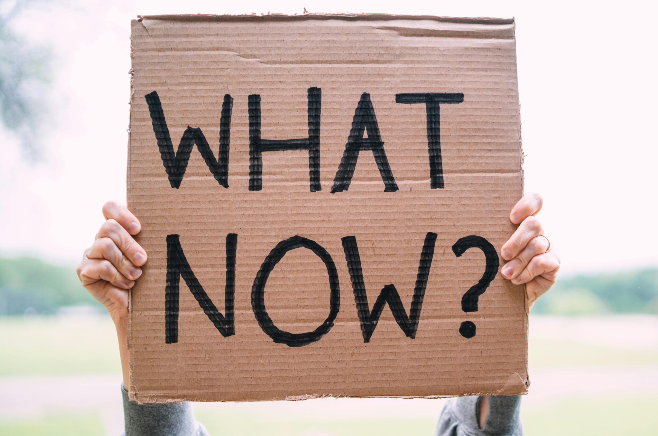 Cardboard sign reading 'What Now?' held outdoors, conveying uncertainty or protest.